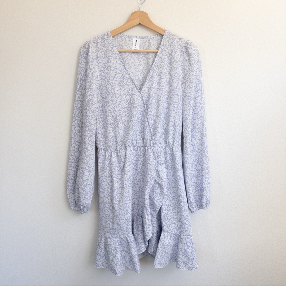 Abound Pastel‎ Blue Faux Wrap Floral Dress w/Long Puff Sleeves | Size S